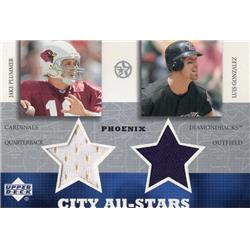676037 Jake Plummer Player Worn Jersey Patch Football Cardinals, Diamondbacks 2003 Upper Deck City All Stars Phoenix No.JPLGC Baseball Card