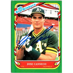 703148 Jose Canseco Signed Oakland Athletics 1987 Fleer Star Stickers No.19 Baseball Card