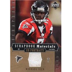 687686 Michael Vick Player Worn Jersey Patch Atlanta Falcons 2005 Upper Decl Scrapbook Materials No.SBMV Football Card