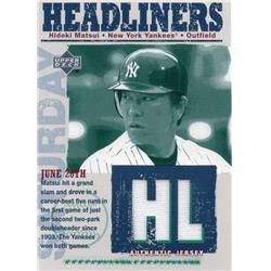 664898 Hideki Matsui Player Worn Jersey Patch New York Yankees, Japanese 2003 Upper Deck Headliners No.HLHM Baseball Card