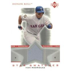 Picture of Autograph Warehouse 654482 Ivan Rodriguez Player Worn Jersey Patch Texas Rangers 2002 Upper Deck Honor Roll No.SSIR2 Baseball Card