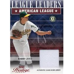 Picture of Autograph Warehouse 654527 Barry Zito Player Worn Jersey Patch Oakland Athletics 2003 Playoff Prestige League Leaders No.LL10 LE 68-250 Baseball Card
