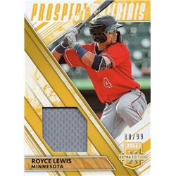 664844 Royce Lewis Player Worn Jersey Patch Minnesota Twins 2019 Panini Elite Extra Prospect Materials No.PMRL LE 80-99 Baseball Card