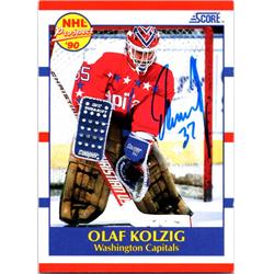 700417 Olaf Kolzig Autographed Washington Capitals, SC 1990 Score Prospect No.392 Hockey Card