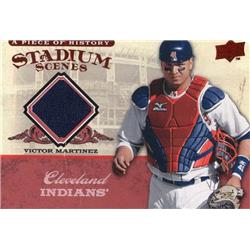 675521 Victor Martinez Player Worn Jersey Patch Cleveland Indians 2008 Upper Deck Stadium Scenes No.SS19 Creased Card Baseball Card