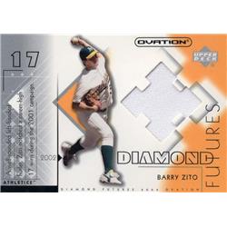 Picture of Autograph Warehouse 654501 Barry Zito Player Worn Jersey Patch Oakland Athletics 2002 Upper Deck Ovation Diamond Futures No.DFBZ Baseball Card