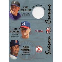Picture of Autograph Warehouse 654530 Curt Schilling Player Worn Jersey Patch Arizona Diamondbacks 2002 Fleer Season Crowns No.CS with Tom Glavine & Pedro Martinez Baseball Card