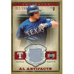 700811 Hank Blalock Player Worn Jersey Patch Texas Rangers 2006 Upper Deck Artifacts No.ALHB LE 211-250 Baseball Card