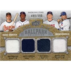 Michael Young, Matt Garza & Fausto Carmona & Nick Markakis Player Worn Jersey Patch 2009 Upper Deck Ballpark No.225 LE 489-500 Baseball Card