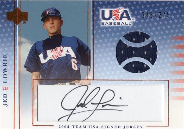 736991 Jed Lowrie Autographed Player Worn Jersey Patch Baseball Card - Team USA 2005 Upper Deck Rookie No.USAJ29 LE 245 & 275