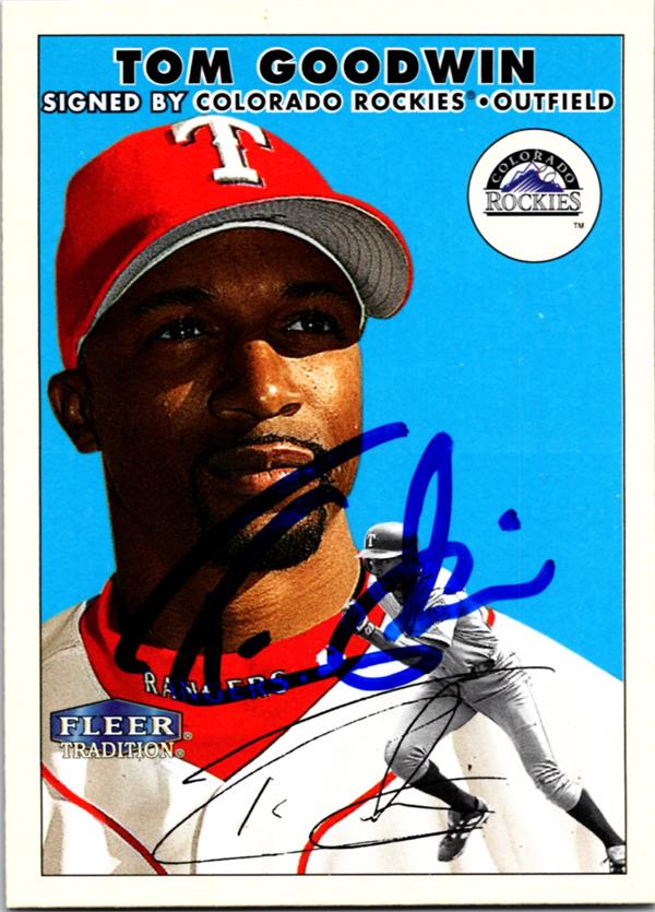 781002 Tom Goodwin Autographed Baseball Card - Texas Rangers 1998 Upper Deck No.517-1