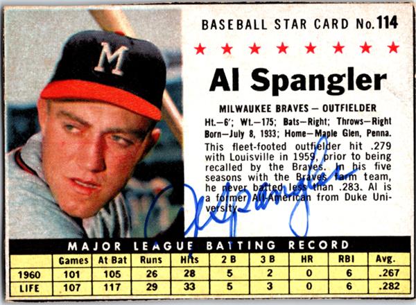 781194 Al Spangler Autographed Baseball Card - Milwaukee Braves 1961 Post Cereal No.114 -  Autograph Warehouse