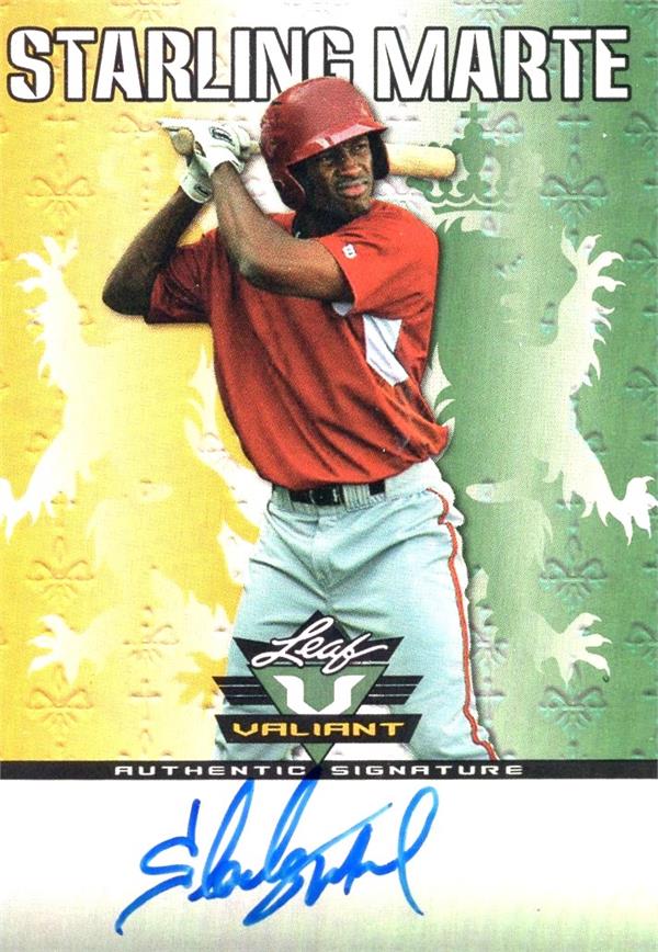 737308 Starling Marte Autographed Baseball Card - Pittsburgh Pirates 2011 Leaf Valiant Rookie Refractor No.VASMI