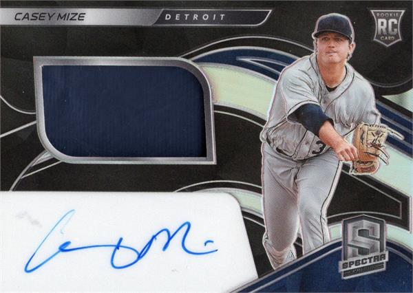 737347 Casey Mize Autographed Player Worn Jersey Patch Baseball Card - Detroit Tigers 2021 Panini Chronicles Spectra Rookie No.132 LE 102 & 199