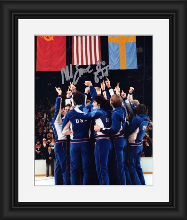 Picture of Autograph Warehouse 793726 Mike Eruzione Autographed 8 x 10 in. Photo - 1980 USA Olympic Hockey Team No.6 80 Gold Matted & Framed