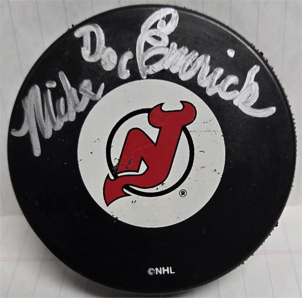 Picture of Autograph Warehouse 793819 Mike Doc Emrick Autographed Hockey Puck with Display Cube - Jersey Devils Hall of Fame NHL Broadcaster