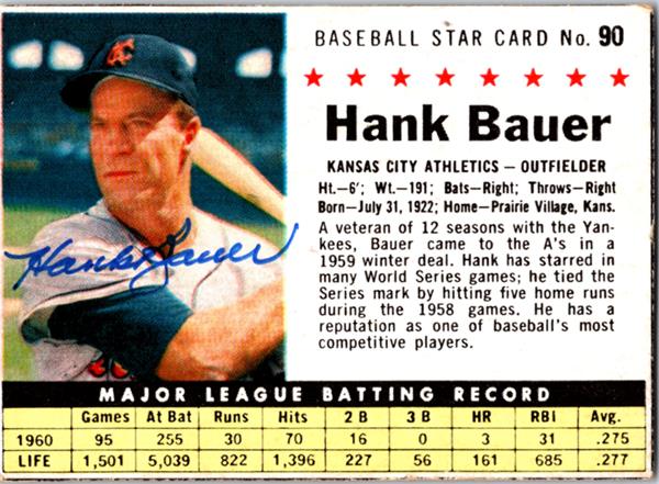 793951 Hank Bauer Autographed Baseball Card - Kansas City Athletics 1961 Post Cereal No.90 -  Autograph Warehouse