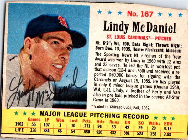 793952 Lindy Mcdaniel Autographed Baseball Card - St. Louis Cardinals 1963 Post Cereal No.167 -  Autograph Warehouse