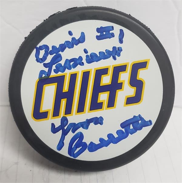 Picture of Autograph Warehouse 783373 Yvon Barrette Autographed Hockey Puck - Slap Shot Denis Lemieux with Display Cube