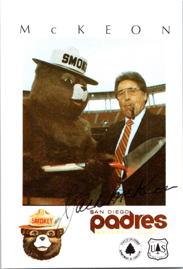 782880 Jack Mckeon Autographed Baseball Card - San Diego Padres 1984 Smokey Bear No.JM