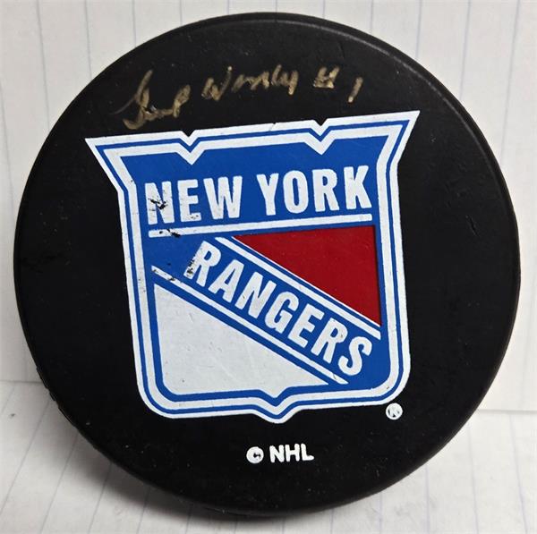 Picture of Autograph Warehouse 783542 Gump Worsley Autographed Hockey Puck -   York Rangers with Display Cube