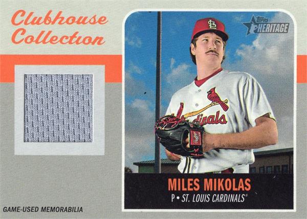 736723 Miles Mikolas Player Worn Jersey Patch Baseball Card - St. Louis Cardinals 2019 Topps Heritage Clubhouse Collection No.Ccrmmi