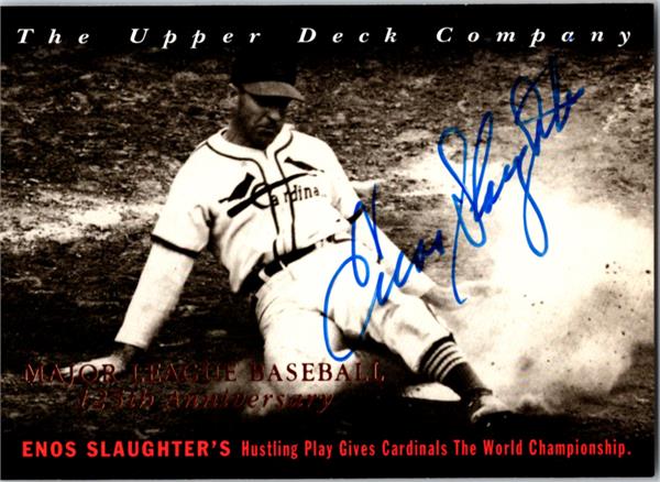 768695 Enos Slaughter Signed Baseball Card - St Louis Cardinals 1994 Upper Deck No.14 Gold Bat All Time Heroes Mad Dash
