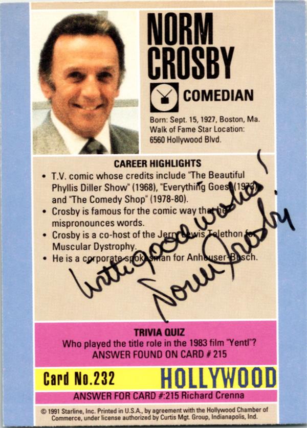 780082 Norm Crosby Signed Trading Card - The Master of Malaprop Everything Goes 1991 Hollywood Walk of Fame No.232 Back