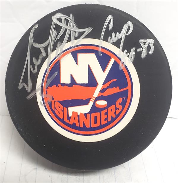Picture of Autograph Warehouse 12364 Denis Potvin Autographed Hockey Puck -   York Islanders Inscribed Cup 80-83