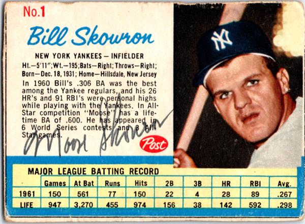 793948 Bill Moose Skowron Autographed Baseball Card -   York Yankees 1962 Post Cereal No.1 -  Autograph Warehouse