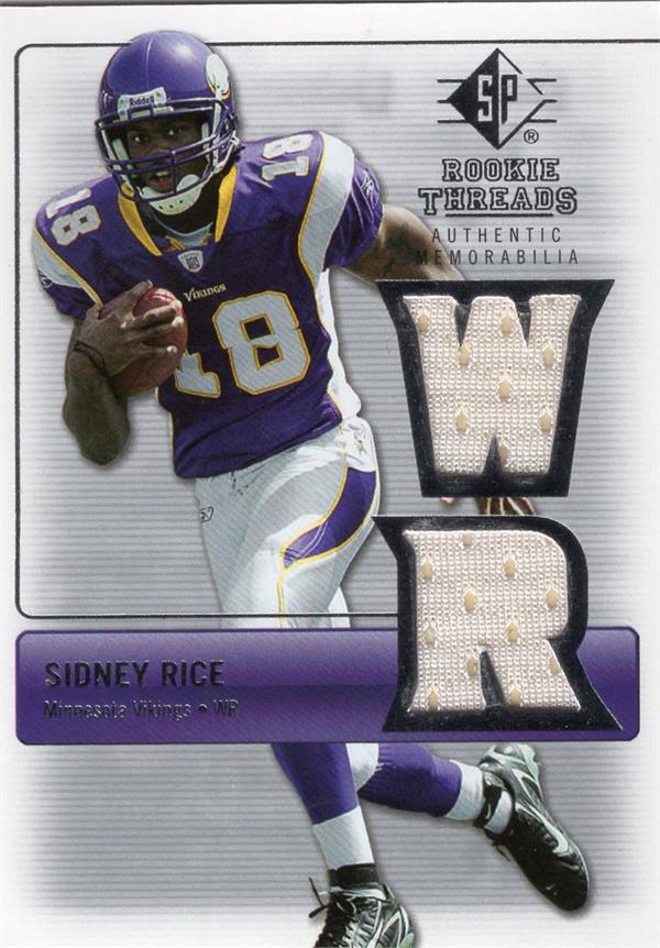794753 Sidney Rice Player Worn Jersey Patch Football Card - Minnesota Vikings 2007 Upper Deck Rookie Threads No.RTSR