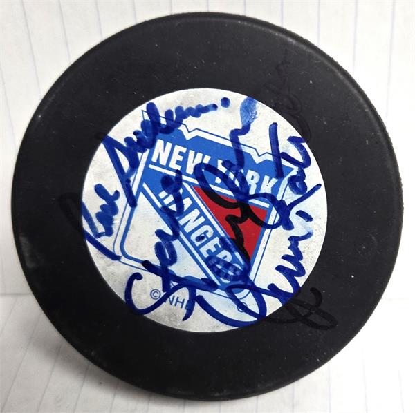 Picture of Autograph Warehouse 783547 Steve Vickers Red Sullivan Jean Ratelle Autographed Hockey Puck -   York Rangers
