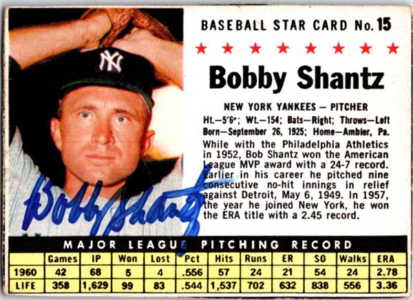 794092 Bobby Shantz Autographed Baseball Card -   York Yankees 1961 Post Cereal No.15 -  Autograph Warehouse