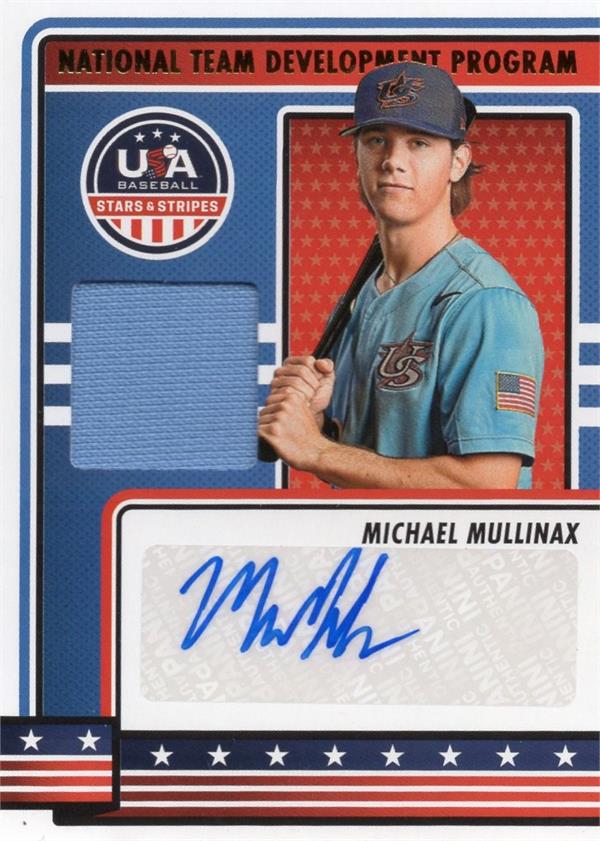 794304 Michael Mullinax Autographed Worn Jersey Patch Baseball Card - Team USA 2023 Panini Stars & Stripes Rookie No.NTDPMM