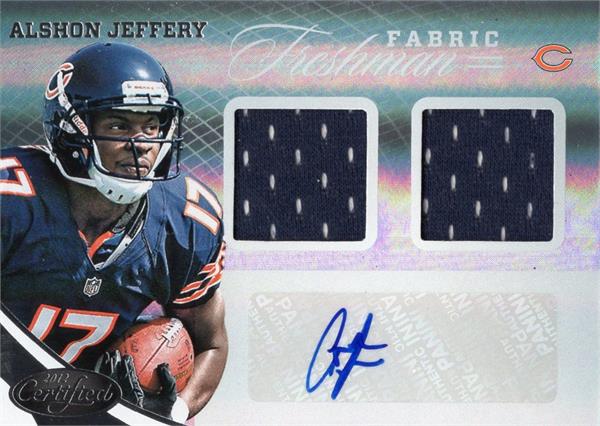 737752 Alshon Jeffrey Autographed Player Worn Jersey Patch Football Card - Chicago Bears 2012 Panini Certified Freshman Fabric No.327