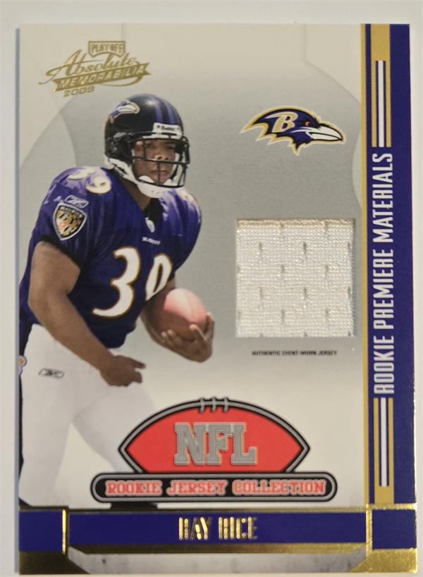 794717 Ray Rice Player Worn Jersey Patch Football Card - Baltimore Ravens 2008 Donruss Playoff Absolute No.19