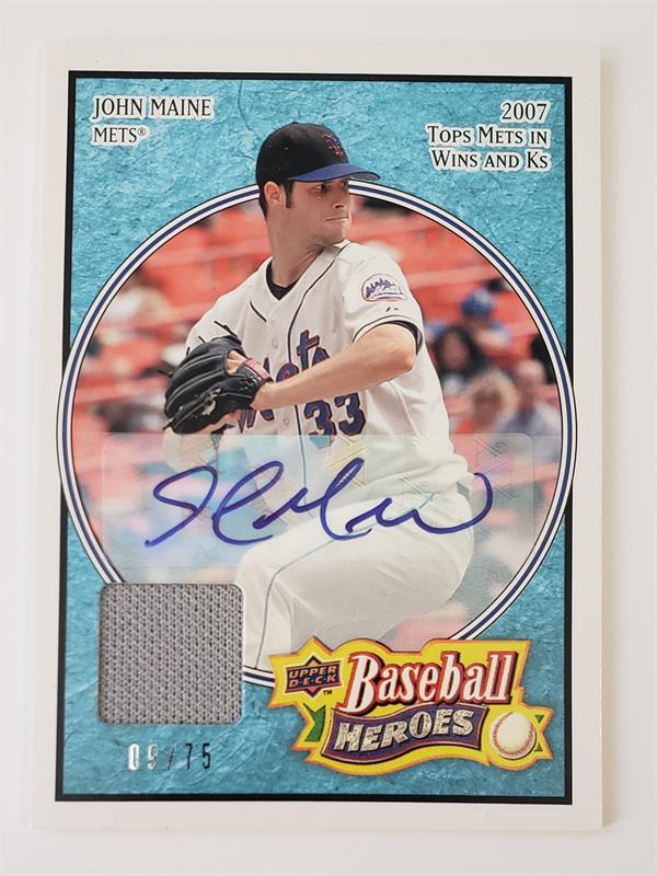 782036 John Maine Autographed Player Worn Jersey Patch Baseball Card -   York Mets 2008 Upper Deck Heroes No.17 LE 9 & 75