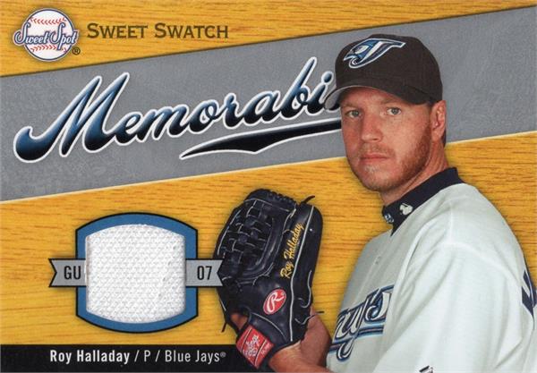 782936 Roy Halladay Player Worn Jersey Patch Baseball Card - Toronto Blue Jays 2007 Upper Deck Sweet Swatch No.SWHA