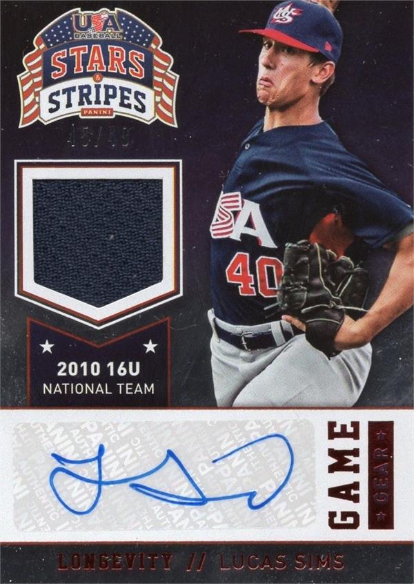 737076 Lucas Sims Autographed Player Worn Jersey Patch Baseball Card - Atlanta Braves 2015 Panini Stars & Stripes Rookie No.64 LE 45 & 49