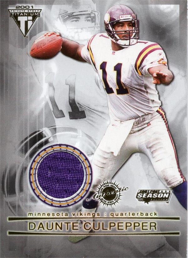 737580 Daunte Culpepper Player Worn Jersey Patch Football Card - Minnesota Vikings 2002 Pacific Titanium No.61