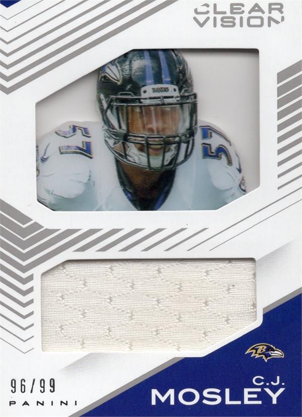 737634 C.J. Mosley Player Worn Jersey Patch Football Card - Baltimore Ravens 2015 Panini Clear Vision No.CJCJ LE 96 & 99