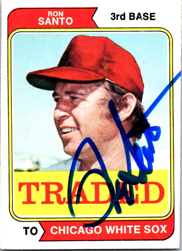 768589 Ron Santo Autographed Baseball Card - Chicago White Sox 1974 Topps Traded No.270T
