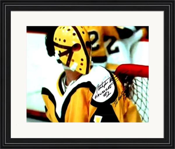 Picture of Autograph Warehouse 726212 Christopher Murney Autographed 8 x 10 in. Photo - Slap Shot Goaltender Hanrahan Inscribed Slapshot 77 Matted & Framed No.SC4