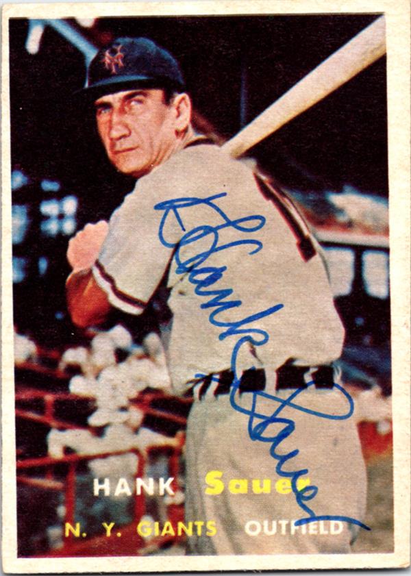 769098 Hank Sauer Autographed Baseball Card - San Francisco Giants 1957 Topps No.197