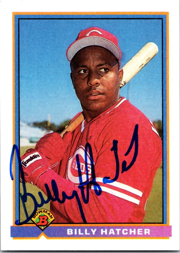 781140 Billy Hatcher Autographed Baseball Card - Cincinnati Reds 1991 Bowman No.670