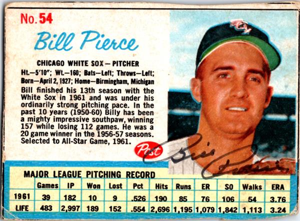 781195 Billy Pierce Autographed Baseball Card - Chicago White Sox 1962 Post Cereal No.54 -  Autograph Warehouse