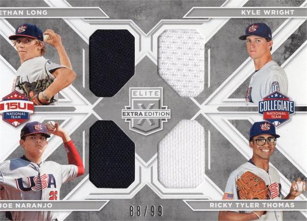 Ethan Long, Kyle Wright, Joe Naranjo & Ricky Tyler Thomas Player Worn Jersey Patch Baseball Card - 2016 Panini Elite Extra No.17 LE 88 & 99