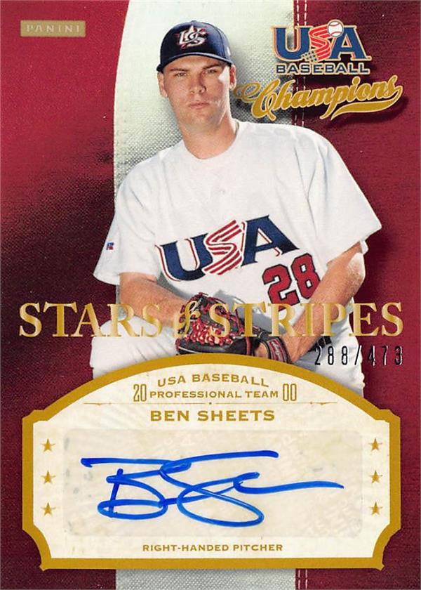 794276 Ben Sheets Autographed Baseball Card - Milwaukee Brewers 2013 Panini USA Stars & Stripes No.Bns