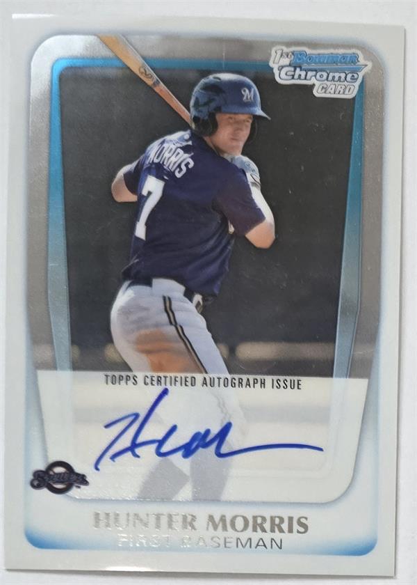 795056 Hunter Morris Autographed Baseball Card - Milwaukee Brewers 2011 Bowman Chrome 1st Rookie No.BCP130