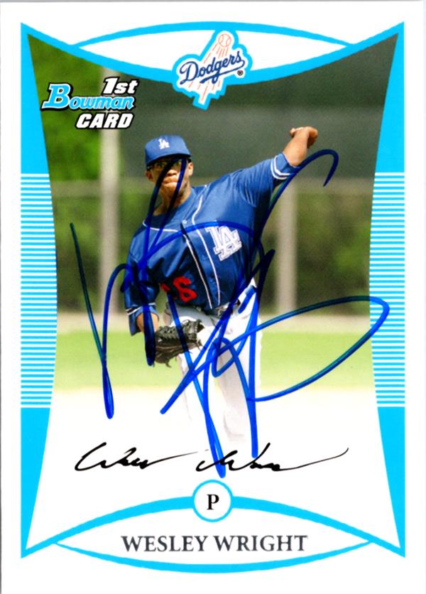 795127 Wesley Wright Autographed Baseball Card - Los Angeles Dodgers 2008 Bowman 1st Rookie No.BP19